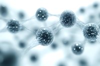 Microscopic view of connected molecular structures with glowing spherical particles in soft blue tones, showing scientific network connections and cellular bonds.