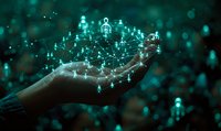 Digital network of glowing human figures connected by light lines floating above an open hand, representing social connectivity and technological innovation in turquoise tones.