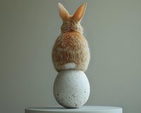 Fluffy brown rabbit sitting on large speckled white egg against neutral background, rear view showing cottontail and alert ears. Creative Easter composition.