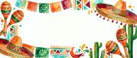 Mexican fiesta frame with colorful papel picado banners, sombreros, maracas, cactus and chili peppers on white background for Cinco de Mayo celebrations.