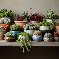 Collection of diverse succulent plants in decorative ceramic pots arranged on wooden shelf for home gardening and interior decoration projects.