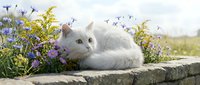 White fluffy cat resting on stone wall surrounded by purple wildflowers and yellow foliage in sunny garden setting.