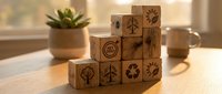 Wooden blocks stacked in steps with engraved eco icons including net zero, recycling, wind energy, and trees on a warm wooden surface.