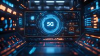 Futuristic digital display showing 5G network technology with glowing blue interface elements and holographic data visualization in dark high-tech environment.