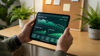 Professional analyzing financial data charts and graphs on tablet device in modern office workspace with plants and natural lighting for business analytics.