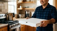 Middle-aged man with light skin tone wearing blue plaid shirt holding white pizza box in modern kitchen with wooden shelves and stove in background.