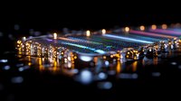 Modern computer processor with glowing lights and bokeh effects creates futuristic technology mood. Close-up view highlights intricate circuit details and reflections.