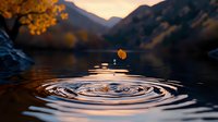 Single autumn leaf falling on water surface creating concentric ripples against mountain landscape in golden sunset light, reflection on calm lake surface.
