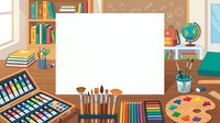 Back to school classroom setup with art supplies, books, and blank whiteboard space for educational content and creative learning projects.