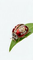 Steampunk mechanical beetle with red enamel body and brass gears sits on green leaf against white background for creative design projects.
