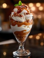 Layered caramel sundae with vanilla ice cream, chocolate crumbles, and colorful sprinkles topped with mint leaf in glass dessert cup against blurred warm lights.