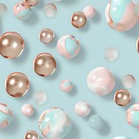 Abstract spheres in rose gold, pink and mint floating on pastel background. Metallic and matte balls create modern luxury pattern with broken shell effects.