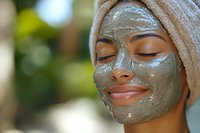 Young African American woman with closed eyes wearing clay facial mask and towel turban enjoying spa treatment for skincare and wellness relaxation.