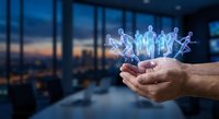Hand holding holographic business team figures in modern office with city skyline view representing digital workforce management and virtual collaboration.