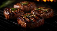 Juicy grilled beef steaks with caramelized crust, black pepper and fresh herbs on dark background. Closeup of medium rare meat with grill marks.
