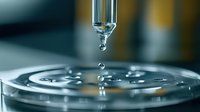 Macro shot of water drops falling from medical dropper creating ripple effect on reflective surface with dramatic lighting and shallow depth of field.