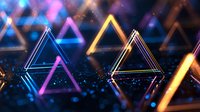 Glowing neon triangles with vibrant blue, pink and gold colors floating on reflective dark surface amid bokeh lights and particles. Modern geometric background.