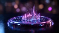 Futuristic glowing cityscape with skyscrapers on circular platform, illuminated by neon purple and blue lights against dark background with bokeh effect.