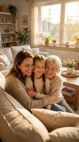 Three generations of women embracing on cozy living room sofa with warm sunlight streaming through windows creating intimate family bonding moment at home.