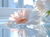 Delicate pink gerbera daisy flower with water droplets reflecting in glass surface, bathed in soft morning light creating ethereal atmosphere and mirror effect.