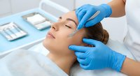 Young woman receiving professional facial treatment from cosmetologist in blue gloves at modern beauty clinic for skincare and rejuvenation procedures.