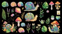 Colorful snails, mushrooms, and botanical elements clipart set, isolated on transparent background. Great for stickers, t-shirt design, print on demand, and sublimation crafts.