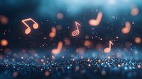 Glowing neon musical notes float against dark blue bokeh background with sparkling particles, creating magical atmosphere for music and entertainment designs.