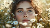 Young woman with bright blue eyes and freckles surrounded by white daisies in golden sunlight, close up portrait capturing natural beauty and dreamy summer mood.