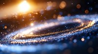 Magical glowing spiral of golden and blue sparkles with light effects and bokeh on dark background, cosmic abstract design for festive decoration.
