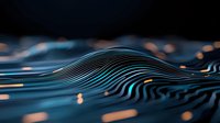 Abstract digital wave pattern with glowing blue lines and orange light reflections on dark background creating futuristic technological landscape effect.