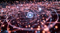 Glowing quantum network visualization with interconnected light paths and energy nodes in pink and blue hues against dark background, representing digital connectivity.