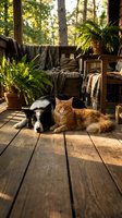 Cozy outdoor porch with orange tabby cat and black white dog resting on wooden deck surrounded by ferns and warm sunlight filtering through trees.