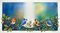Watercolor painting of four colorful songbirds perched on winter branches with holly berries, oak leaves, and pine sprigs on a soft blue background.