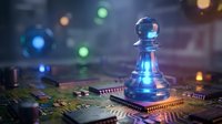 Futuristic chess pawn piece glowing with blue light on circuit board representing artificial intelligence strategy and digital technology concepts.