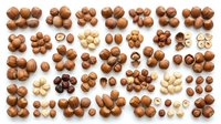 Assorted hazelnuts and filberts arranged in groups, showing whole nuts, shelled kernels, and cracked shells on white background. Suitable for food packaging, culinary websites, nutrition content, and ingredient photography.