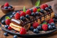 Chocolate eclair garnished with fresh raspberries and blueberries on dark plate, drizzled with chocolate sauce, mint leaf decoration, close up food photography.