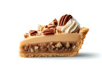 Slice of caramel pecan pie with whipped cream rosettes and whole pecans on top, showcasing rich filling and flaky golden crust against white background.