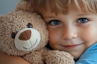 Smiling young Caucasian child with bright blue eyes hugging soft brown teddy bear, close-up portrait showing innocence and tenderness in natural lighting.