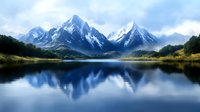 Majestic snow-capped mountain peaks reflected in calm lake water with cloudy sky. Serene alpine landscape for nature photography and outdoor adventure concepts.