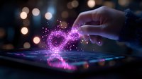 Magical glowing infinity symbol floating above tablet screen with hand gesture, purple sparkles and bokeh lights creating mystical digital art atmosphere.
