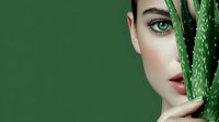 Half face of young Caucasian woman with green eyes behind aloe vera plant on green background, representing natural skincare and beauty concept.
