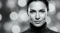 Professional black and white portrait of confident young woman with intense gaze wearing turtleneck sweater against soft bokeh background for business content.