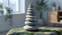 Zen stone tower balanced on moss-covered rock in modern minimalist interior with natural light for meditation and wellness concepts.