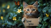 Ginger cat holding cardboard sign with love message among yellow flowers and monarch butterfly in garden setting, creating heartwarming spring atmosphere.