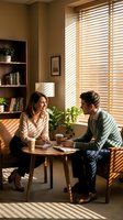 Young professionals having friendly business meeting in modern office with natural sunlight streaming through wooden blinds creating warm atmosphere.
