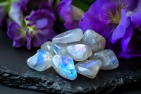 Moonstone crystals with blue iridescent flash on black stone surface near purple pansies, mystical healing stones for meditation and spiritual practices.