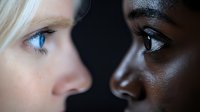 Close-up portrait of two diverse women facing each other, showing contrasting skin tones and eye colors against dark background, representing unity and equality.