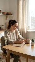 Young Caucasian woman writing in notebook at wooden table with coffee cup, cozy Scandinavian kitchen interior, natural light, mindful morning routine.