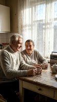 Senior Caucasian couple enjoying morning coffee together in cozy kitchen with natural window light creating warm intimate domestic atmosphere.