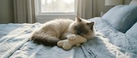 Fluffy ragdoll cat with blue eyes resting peacefully on cozy blue bedding in sunlit bedroom. Domestic pet relaxation and comfort at home.